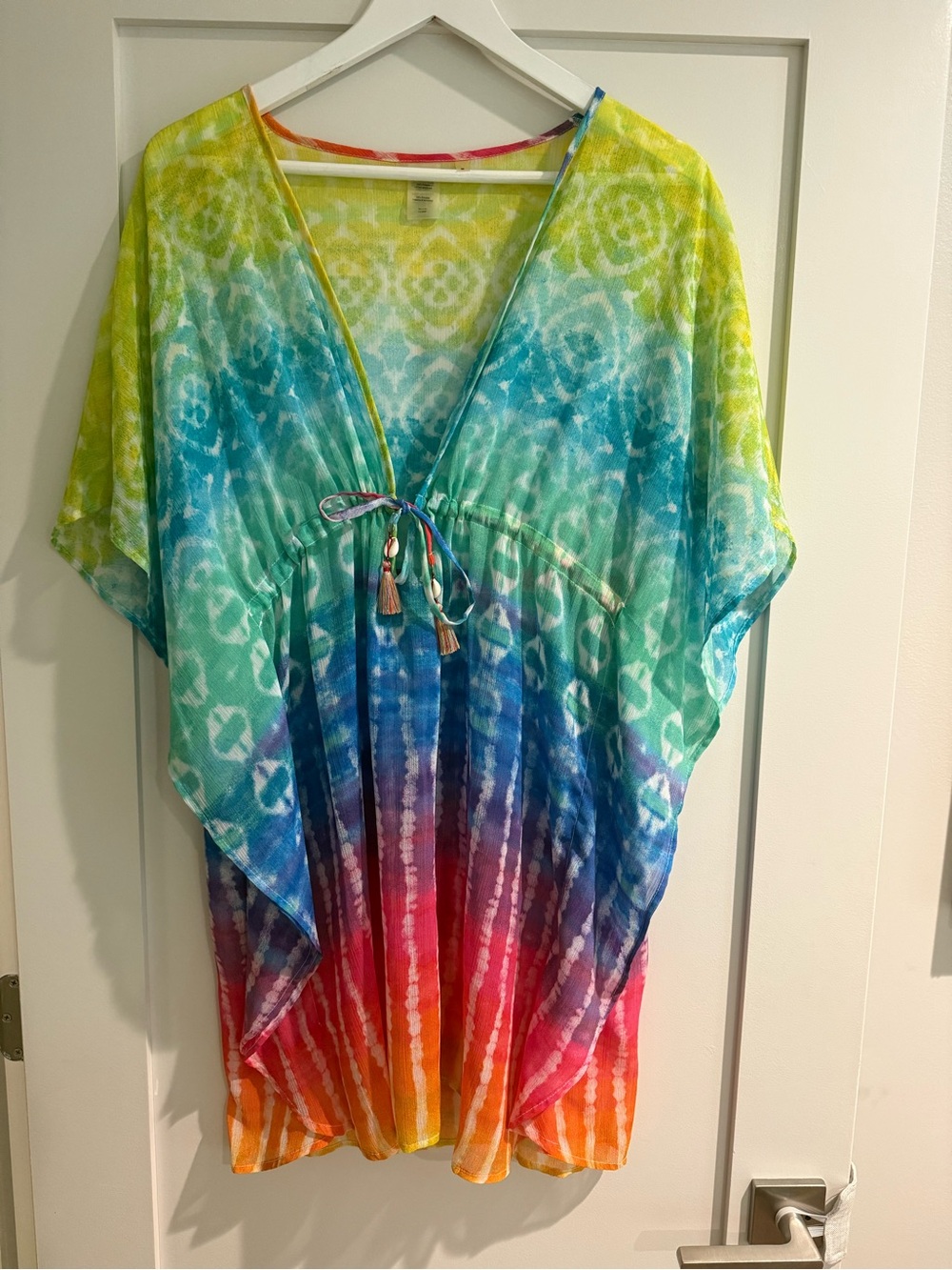 Women’s Rainbow Tie-Dye Swim Cover-Up by Bleu/Rod Beattie with seashell tassels